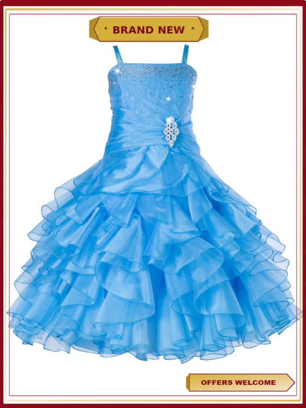 Rhinestone Ruffled Organza Pageant Flower Girl Dress Spaghetti Strap